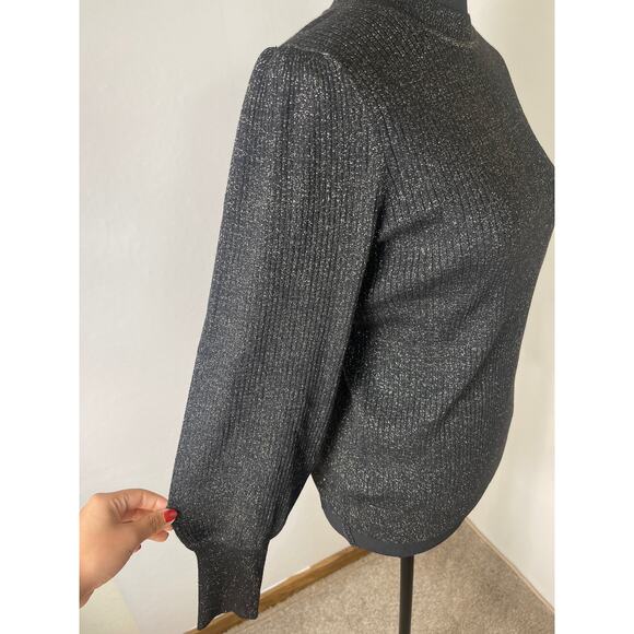 Loft Women's Cable Knit Metallic Chic Preppy Casual Soft Sweater Black Silver M - Picture 6 of 9